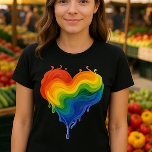 Peut inclure: Un t-shirt noir avec un motif de cœur arc-en-ciel. Le cœur dégouline de peinture colorée.