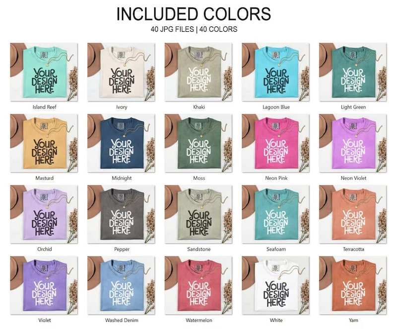 May include: A collection of 20 t-shirts in various colors, including Island Reef, Ivory, Khaki, and Lagoon Blue. Each shirt features the text "YOUR DESIGN HERE" in a white font. The image showcases a variety of colors and design options.