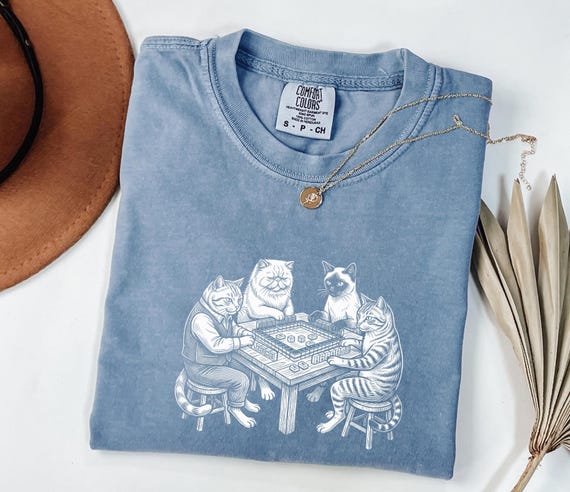 Meowjong Comfort Colors® Shirt, Cats Playing Mahjong Tee, Vintage Chinese Tile Game Gift, Mah Jong Player Cat Mom Present
