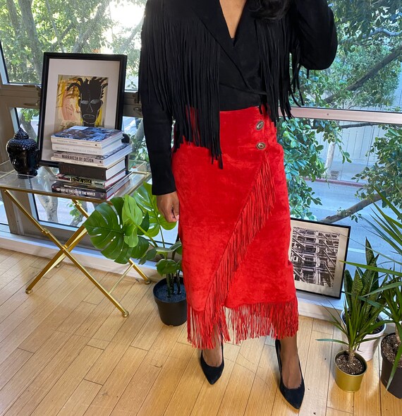 Long Red Suede Vintage Fringe Skirt, vintage suede