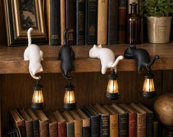 Decoración de estantería con forma de gato y farol, adorno gótico de Halloween para estantería, regalo para amantes de los gatos en color negro marfil.