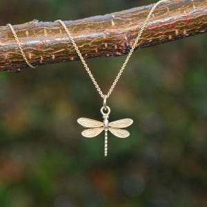 Op de afbeelding: Een gouden ketting met een delicate libellenhanger. De libel is gedetailleerd met ingewikkelde vleugels en een parelbezet lichaam.