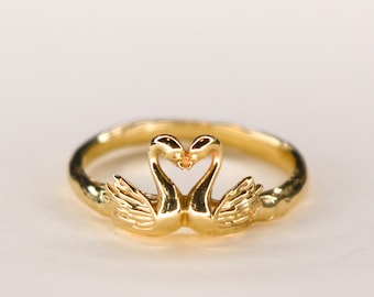 Swan Heart Ring | Gold Love Ring | Gold Swan Ring | Heart Ring