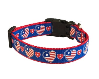 Patriotic Hearts Collar with Black Side Release Buckle, Hand Made with quality materials and love, 1 Inch Wide.