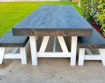 Handcrafted Outdoor Farmhouse Rustic Table Bench Set - Solid Wood