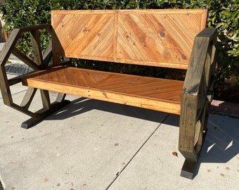 Rustic Wagon Wheel Oversized Outdoor Wood Herringbone Design Bench with Back Rest- Solid Wood- Handcrafted