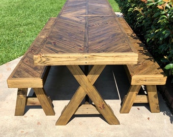 Handcrafted Herringbone Table Bench Set - Solid Wood