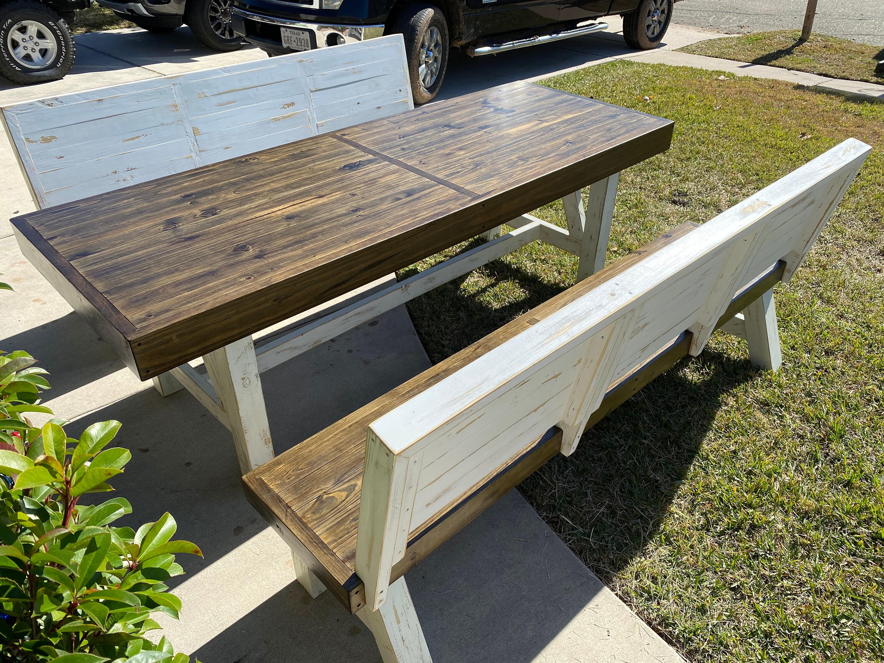 Outdoor Rustic Table And Bench Farmhouse Distressed Outdoor Rustic Table Bench w/Backs Set | Etsy