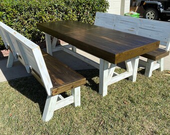 Farmhouse Distressed Outdoor Rustic Table Bench w/Backs Set - Solid Wood- Handcrafted