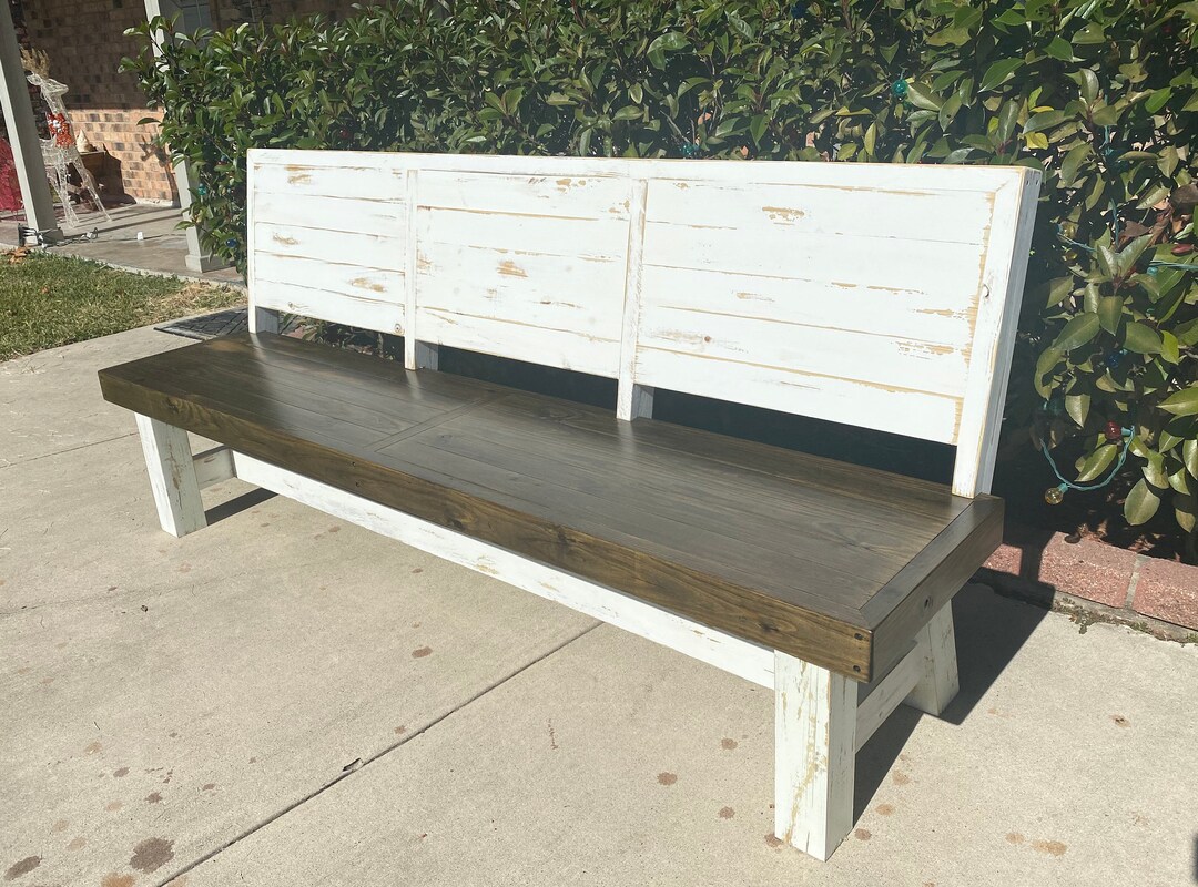 Farmhouse Outdoor Wood Bench With Back Rest Solid Wood Handcrafted Etsy