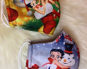 Betty Boop Christmas Face Mask: Washable Cloth, Adjustable