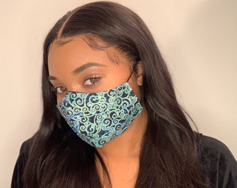 Blaue Paisley Gesichtsmaske, Grünes Wirbelmuster, Baumwolle, Hergestellt in den USA