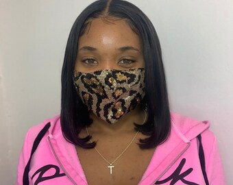 Pailletten-Geparden-Print Gesichtsmaske, waschbar wiederverwendbar mit Filtertasche