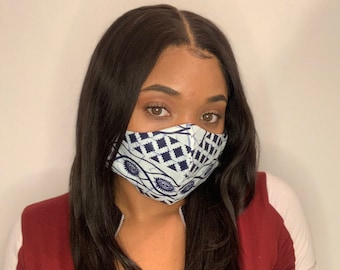 Blaue Gesichtsmaske aus afrikanischer Baumwolle, waschbare wiederverwendbare Gesichtsmaske für Erwachsene