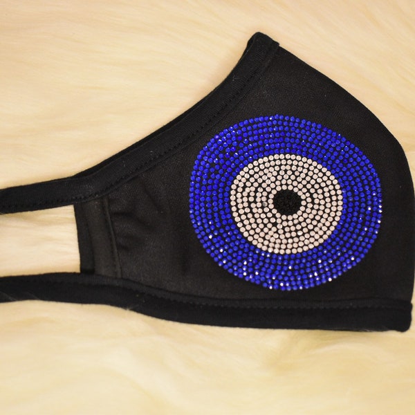 Evil eye mask, evil eye protection face Mask, reusable, washable, adult face mask, bedazzled, rhinestone evil eyes facemask