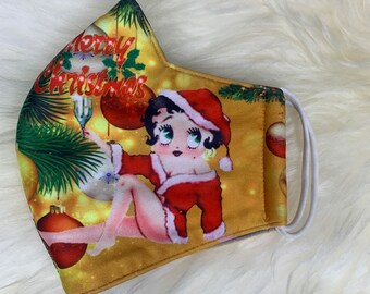 Betty Boop Christmas Face Mask: Washable Cloth, Adjustable Fit