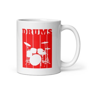 Drums Mug: Red & White Glossy Coffee Cup, Drummer Gift