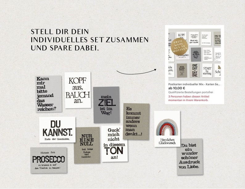 May include: A set of 18 printable postcards with various motivational quotes and sayings. The postcards are in black and white with a gray background. The text on the postcards includes phrases like "Kann mir mal bitte jemand das Wasser reichen?" and "Kopf aus, Bauch an."