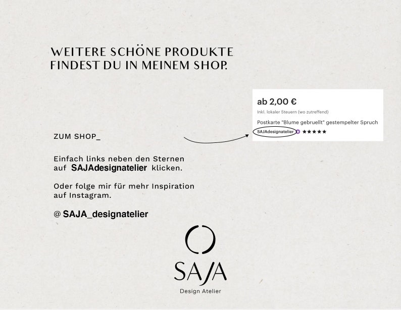 May include: A white card with black text that reads "WEITERE SCH&Ouml;NE PRODUKTE FINDEST DU IN MEINEM SHOP."  Below the text is a black arrow pointing to a white card with black text that reads "ab 2,00 &euro; Inkl. lokaler Steuern (wo zutreffend) Postkarte "Blume gebruellt" gestempelter Spruch SAJAdesignatelier *****".