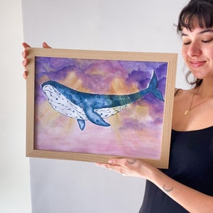Whale in the sky original watercolor painting, A3 size
