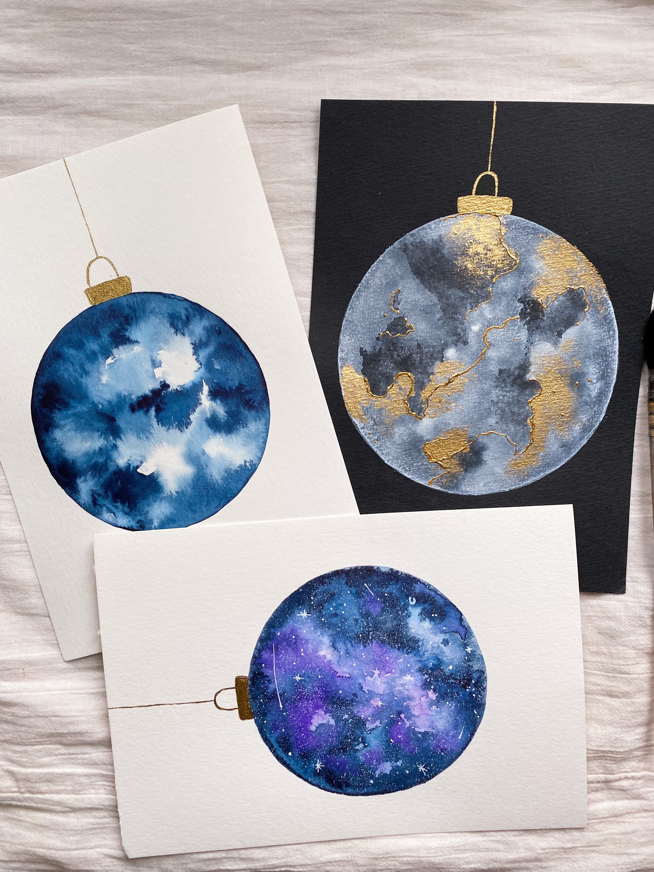 Peinture Aquarelle Originale Boule de Noël Univers Format A5