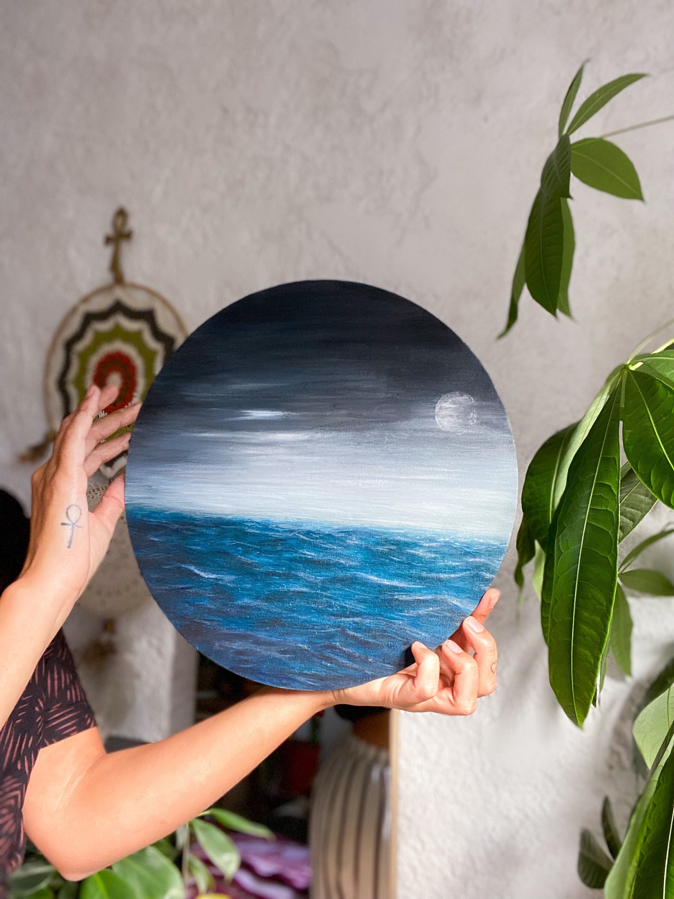 Peinture Acrylique Ronde Mer Vague Brume sur Carton Entoilé 30 cm Décoration Murale Art Deco Toile P