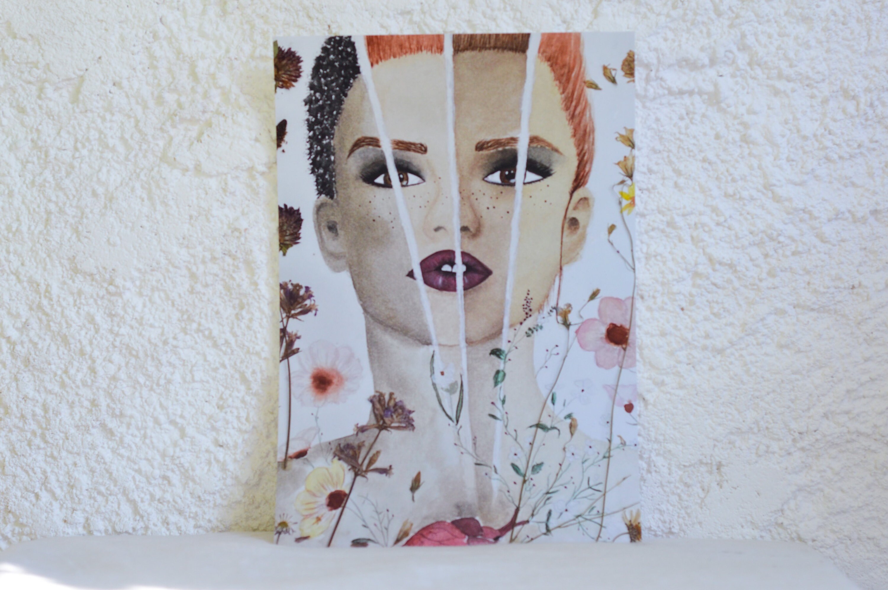 Impression d'art Peinture Aquarelle Originale Femmes Visages et Fleurs Séchées Cadeau Féministe Coul