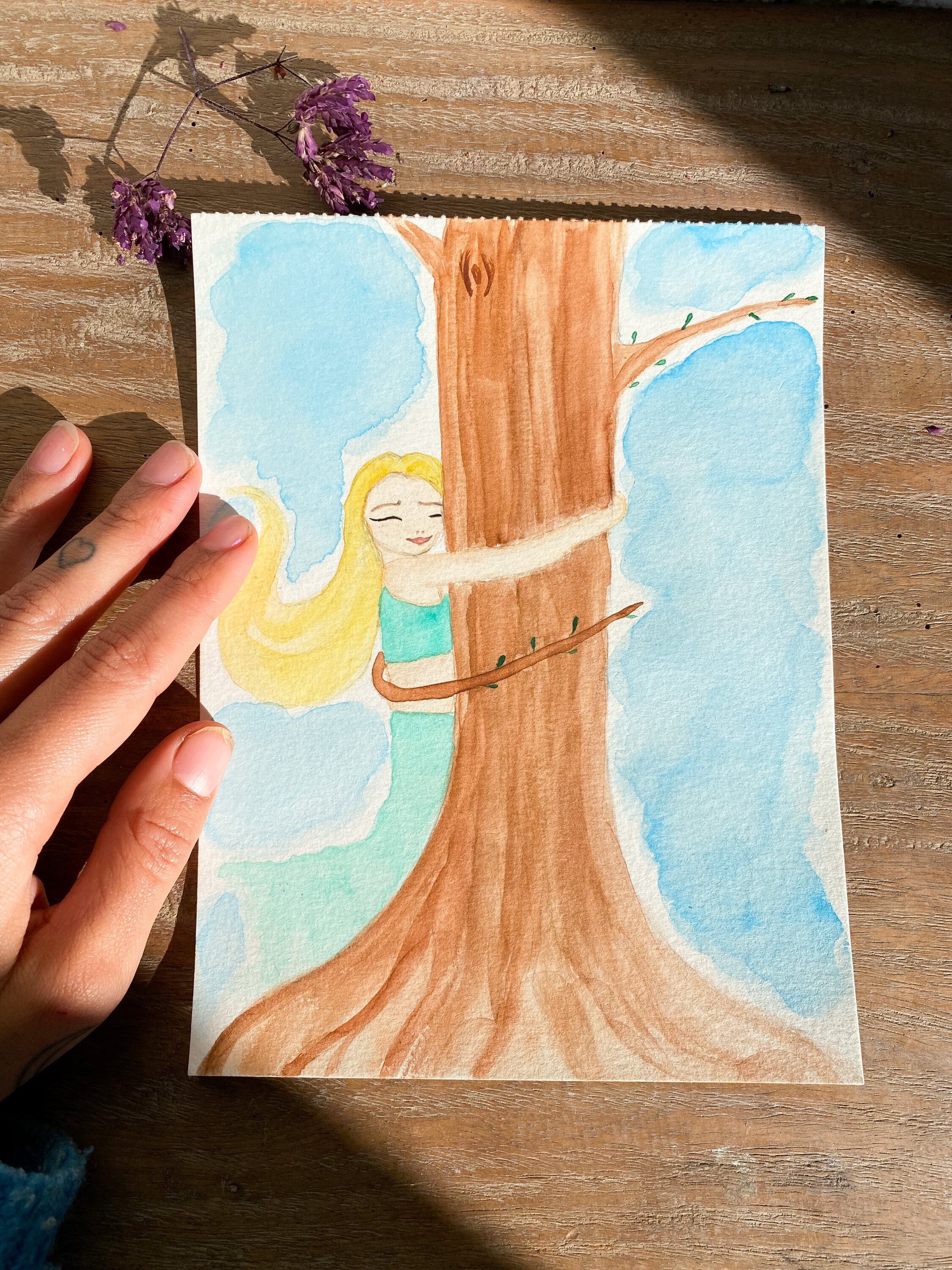 Peinture Aquarelle Originale Fille Câlin Arbre Cadeau Enfant Format A5