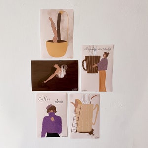 Lot de 5 tirages cafe art, amour du café, carte café, coffee lover,poster café, idée cadeau café, petites cartes café, art digital