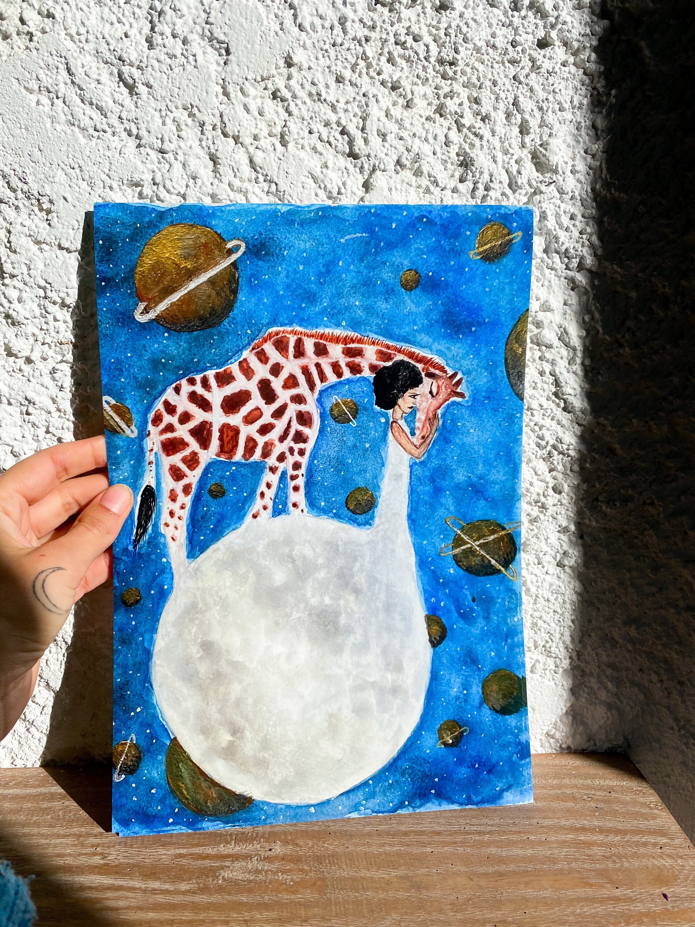 Impression Peinture Aquarelle Femme Giraffe Pleine Lune Univers Galaxie Format A4 Cadeau Enfant Anim