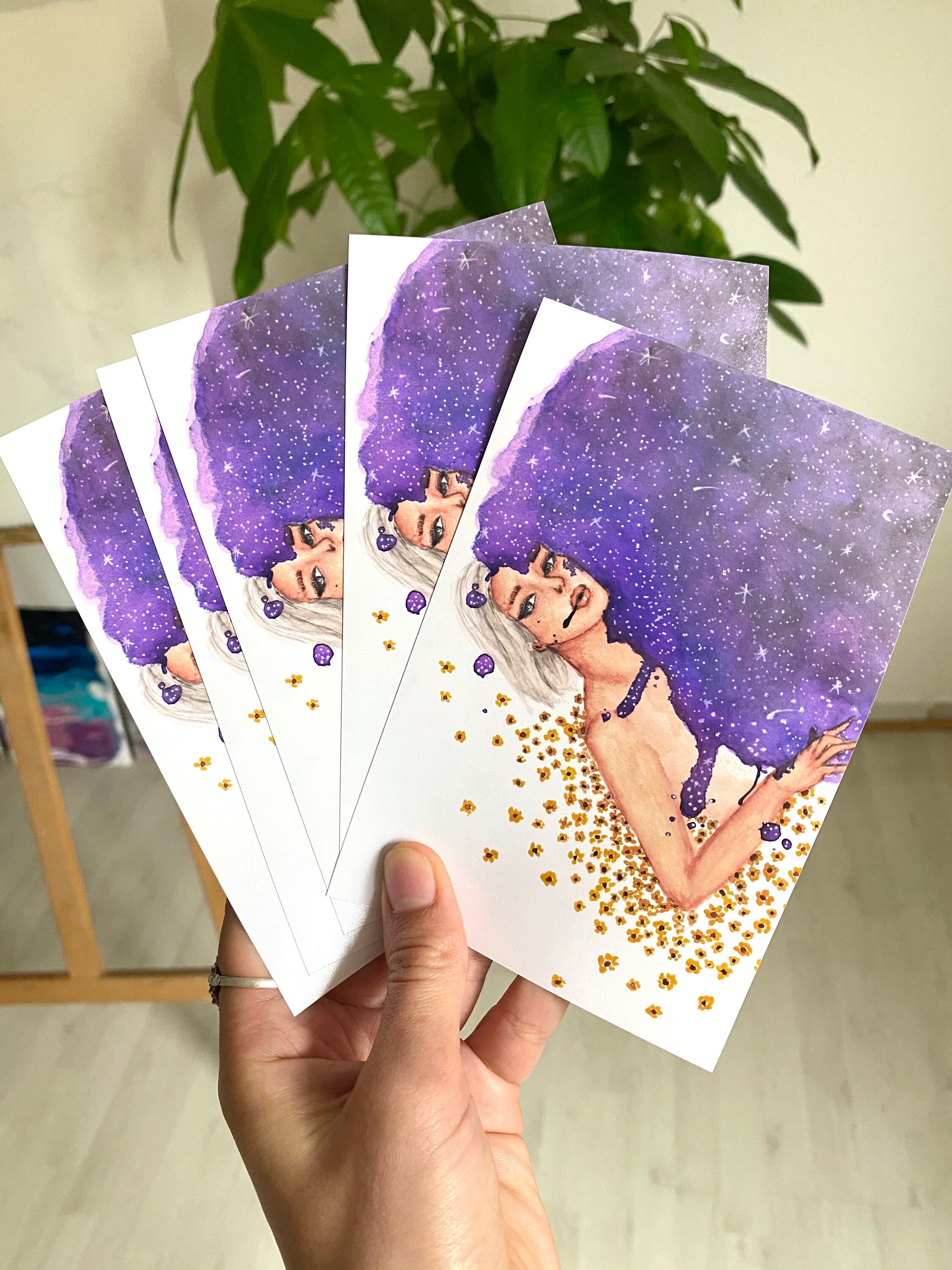 Affiche Peinture Aquarelle Originale Femme et Univers Connexion Divine Cadeau Fleurs Art Spirituel