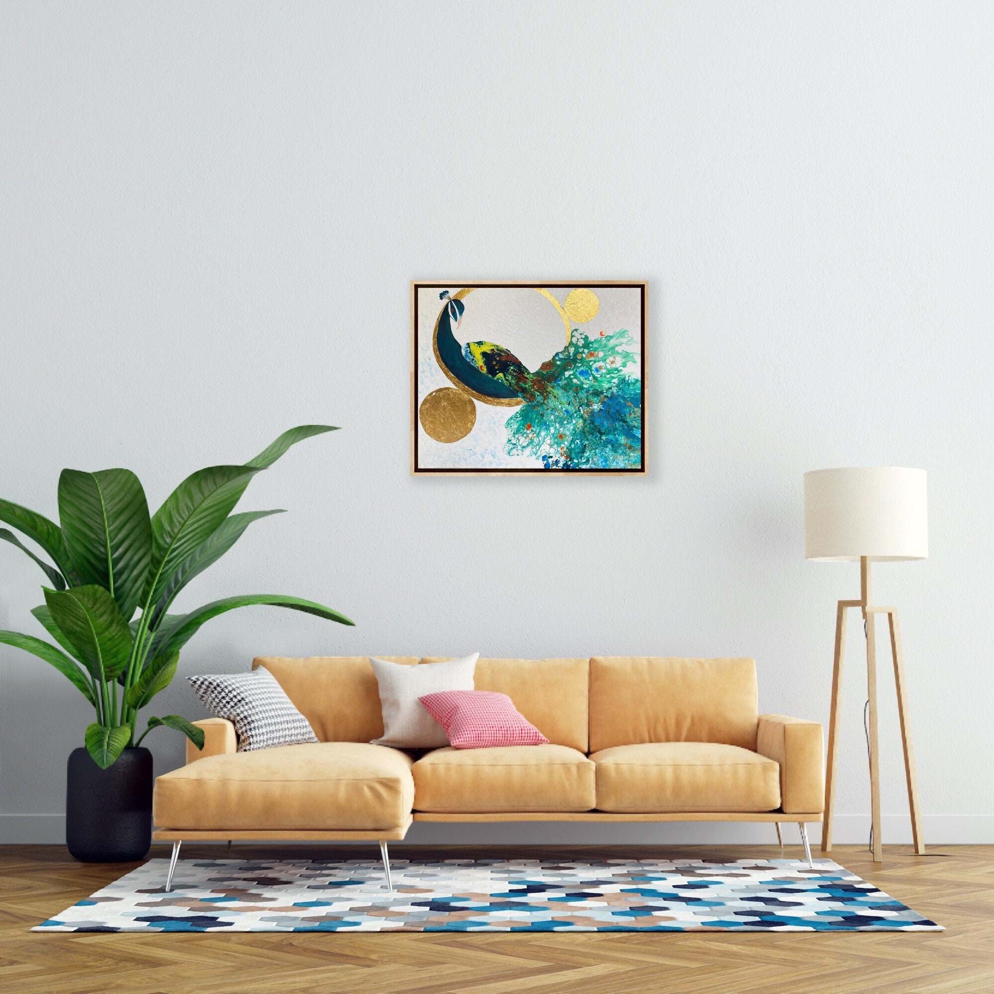 Tableau Peinture Acrylique Fluide Art Paon Feuille d'or