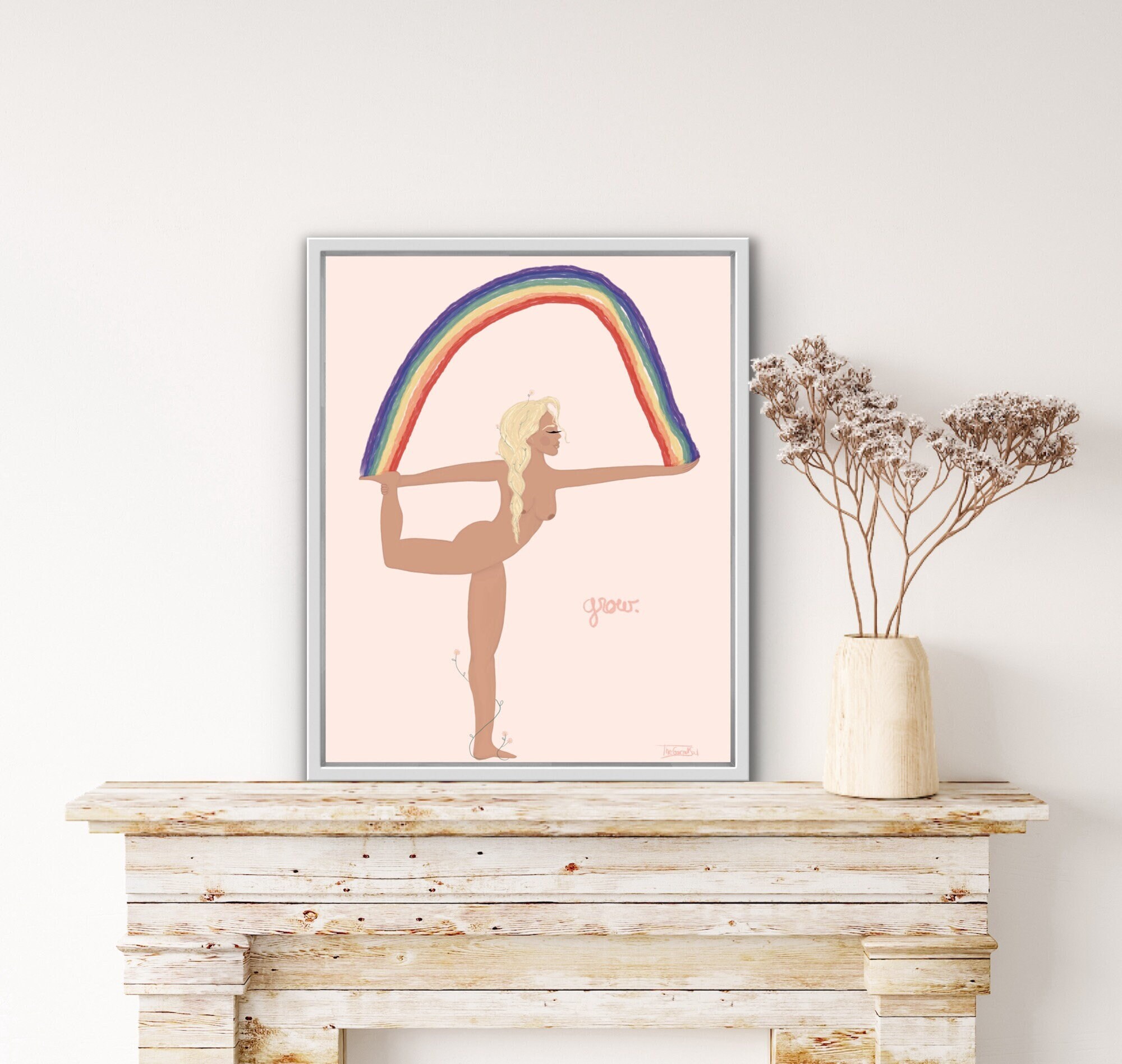 Impression d'affiche d'art Yoga Femme Nue Pose Danseuse Arc en Ciel Couleurs Déesse Feministe Art Év