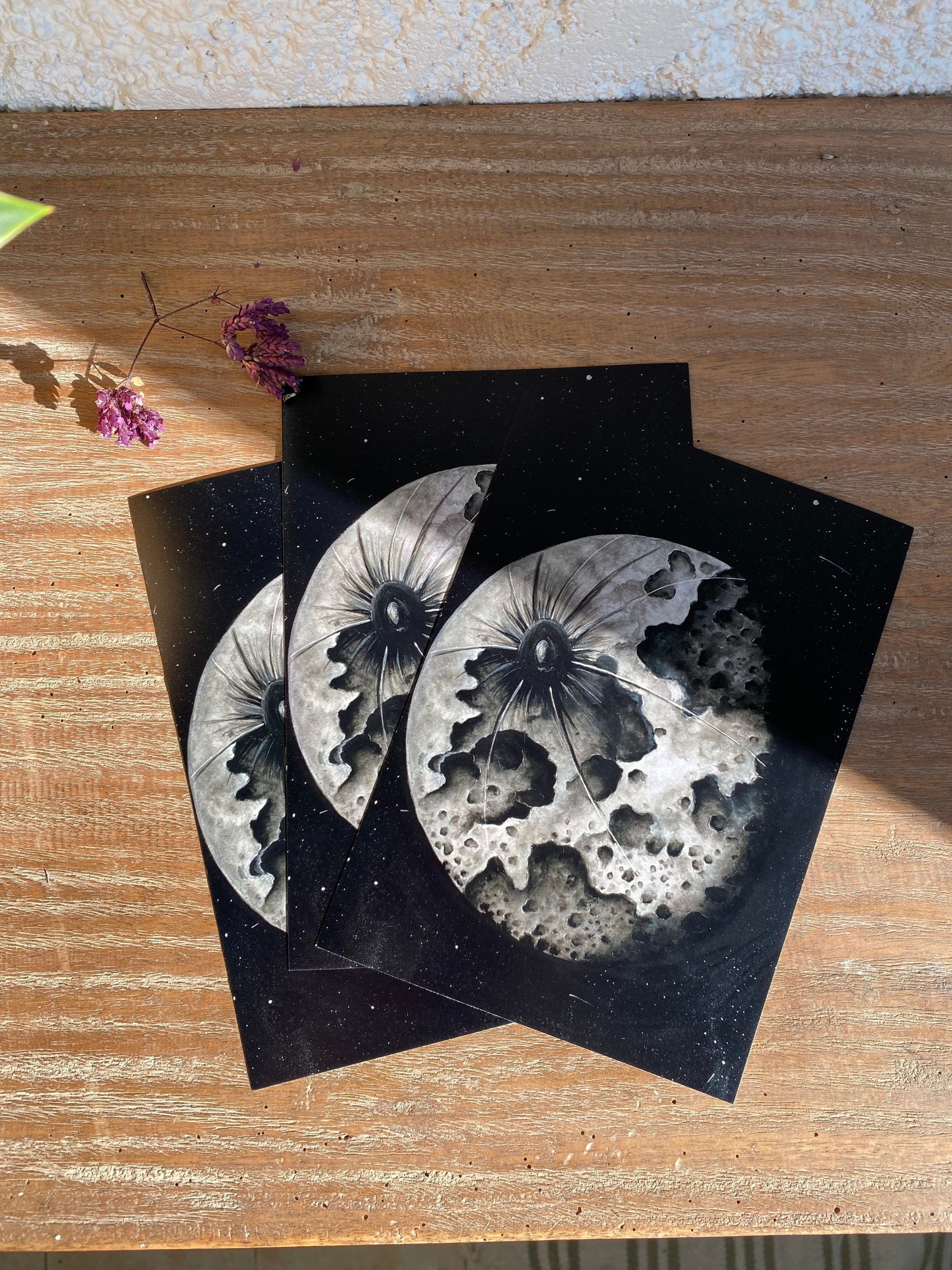 Impression Affiche d'art Format A5 Carte Postale Cadeau Peinture Aquarelle Lune Cratères Cycle Lunai