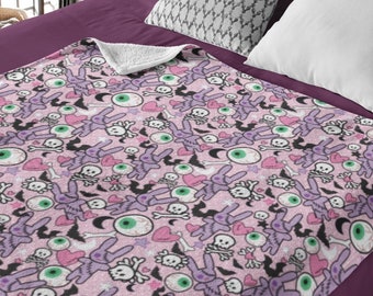 Pastel Goth Rockabilly Throw Blanket | Spooky cute pink gothic bunny eyeball horror punk kawaii | living room blanket home decor