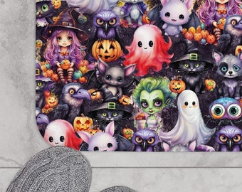 Spooky Cute Halloween Bath Mat |  goth soft horror core scary ghosts spiders black cat zombie witch crow wolf | home decoration