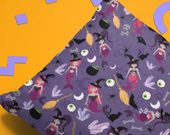 Funda de almohada de sirena bruja Kawaii / lindo kawaii rosa oscuro púrpura magia aterrador halloween pastel goth / decoración del hogar tirar almohada