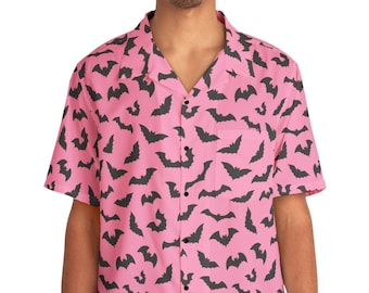 Pink Bats Camisa hawaiana para hombre / camisa de botón unisex, manga corta / pastel goth espeluznante lindo punk único suave horror halloween oversize