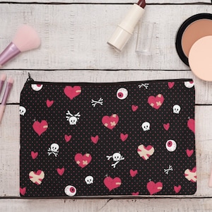 Rockabilly Broken Hearts Makeup bag | Accessory Pouch | spooky cute horror red emo heartbreak punk pastel goth skulls | pencil clutch bag