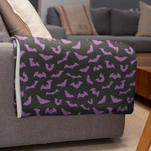 Goth Purple Bats Throw Blanket | Black and purple spooky witch bats pattern | soft blanket home decor | pastel goth punk