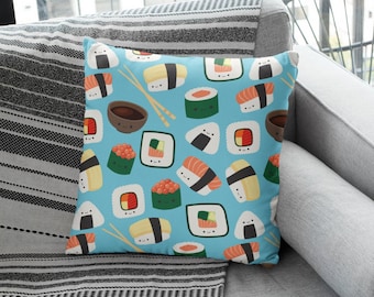Kawaii sushi pillow case only - blue Sashimi foodie gift nigiri maki salmon chopsticks soy teriyaki cute happy smiling