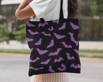 Pastel goth purple flying bats tote bag spooky punk Halloween black dark aesthetic fashion