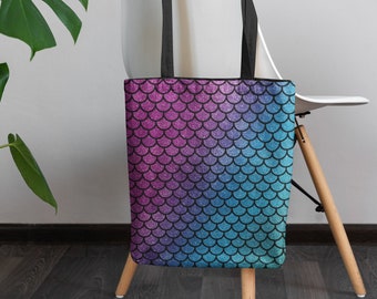 Mermaid scales colorful rainbow tote bag aesthetic fashion fantasy girly ocean purple blue turquoise fish sea