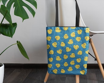 Yellow rubber duck tote bag | aesthetic fashion side messenger | cute toy duck shower pattern soap bubbles kawaii