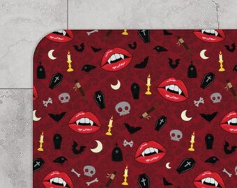 Red Vampire Lips bath mat | spooky cute damask vintage horror Dracula bats skulls gothic blood Halloween | home decor for bathroom
