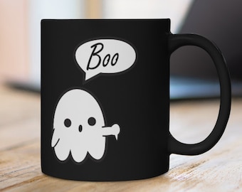 Buhdes Gespenst Tasse | 11 Unzen Kaffee-Tee-Becher | Daumen hoch missbilligender Geist lustig süß kawaii boo chibi