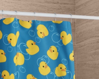 Cortina de ducha con patitos de goma amarillos / Lindo patrón de ducha de pato de juguete con burbujas de jabón kawaii para niños / Decoración del baño del hogar