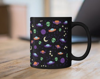 Ufo Alien in Space Black Mug | 11oz coffee tea mug drinking | kawaii spooky cosmic galaxy planets stars sci fi