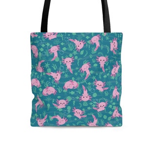 Kawaii Axolotl Tote Bag | cartoon fashion side messenger | cute kawaii pink fish frog in ocean sea coral shells