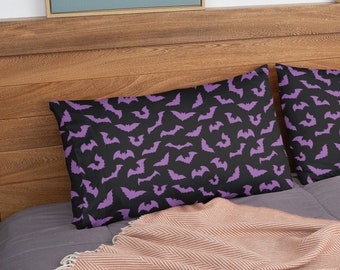 Purple bat pillow sham - pillow cover bed pillow sleep | microfiber spooky halloween black witch pillow cover,